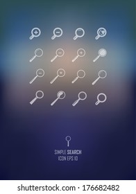 Vector set of icons search find lupe on dark blue background. Magnifier Glass and Zoom