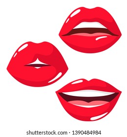 Vector set  icons of sexy and sensual lips in red lipstick and piercing over the lip.  Isolate on white background