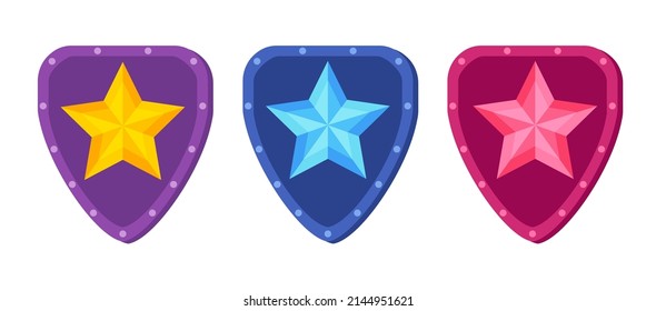 Vector set icons of shield with star for game. Vector illustration of shields for game raning.
