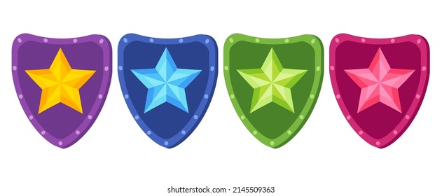 Vector set icons of shield with star for game. Vector illustration of shields for game raning.