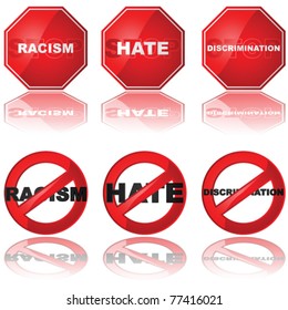 Vector set of icons showing a stop sign and a forbidden sign combined with the words 'racism,' 'hate,' and 'discrimination'