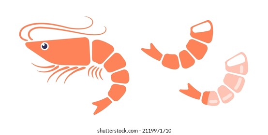 Vector set icons of shrimp. Vector illustration of shrimps in flat style.