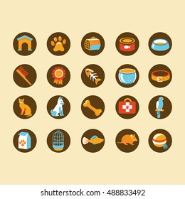 Vector set of icons and sign in flat style - illustrations for veterinary clinics, pet shops, animal shelters and stores