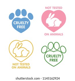 Vector set of icons, signs, design elements, logo design template and badges for natural and organic cosmetics. Includes rabbit, animal paw print and heart shape. No animal testing. Cruelty free.