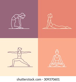 Vector set of icons and signs in trendy linear style - yoga poses and asanas - woman practicing yoga