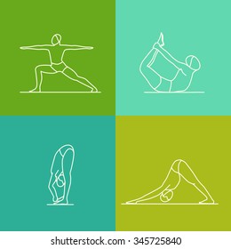 Vector set of icons and signs in trendy linear style - yoga poses and asanas - man practicing yoga - Design elements for yoga poster