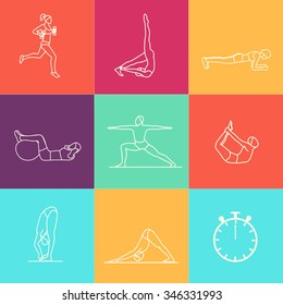 Vector set of icons and signs in trendy linear style - sport - Yoga, run, plank, pilates, fitbal-Design elements for sport poster