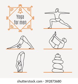 Vector set of icons and signs in trendy linear style - yoga poses and asanas - man practicing yoga-Design elements for yoga poster-decorative frame and stone balance