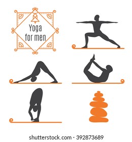 Vector set of icons and signs in trendy linear style - yoga poses and asanas - man practicing yoga-Design elements for yoga poster-decorative frame and stone balance