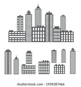 Vector set of icons from the silhouette of a big city and individual houses and skyscrapers black on a white background for creating a design of maps and Internet pages