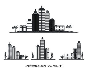 Vector set of icons from the silhouette of a big city and individual houses and skyscrapers black on a white background for creating a design of maps and Internet pages