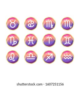 
Vector set of icons for a site on the subject of astrology, on a white background, with a violet-yellow gradient. Zodiac signs: Capricorn, Pisces, Libra, Aquarius, Gemini, Scorpio, Leo, Sagittarius, 