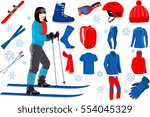 Vector set of icons ski and snowboard outfit with girl