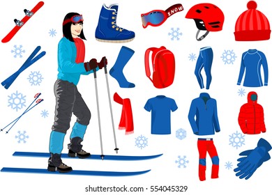 Vector set of icons ski and snowboard outfit with girl