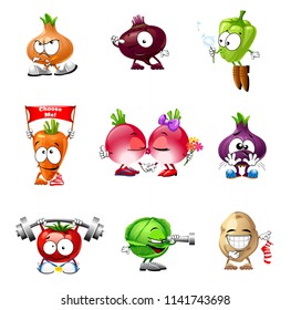 vector set of icons of smiley vegetables for web with different emotions and performing different actions