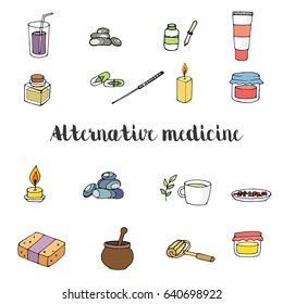 Vector set of icons Spa, alternative medicine, healthy lifestyle, treatment of the body. On a white background.