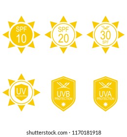 Vector Set Icons SPF. Protection From The Sun UV, UVB, UVA Rays.
