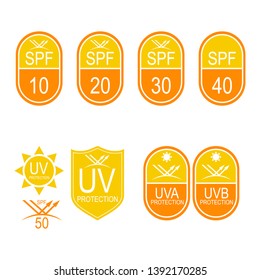 Vector set icons SPF. Protection from the sun UV, UVB, UVA rays.