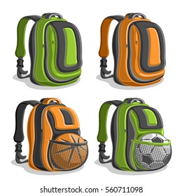 Vector set icons sports Backpacks, green boys college back bag with handle, orange mens rucksack with mesh pocket for basketball, football ball, youth sport backpack for school, classic kids knapsack