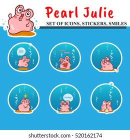 Vector set of icons, stickers, smiles. Kawaii pearl oyster with water bubbles and different face expression. Abstract cartoon design