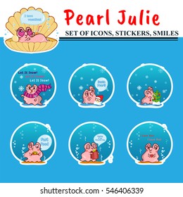 Vector set of icons, stickers, smiles. Kawaii pearl oyster with water bubbles, snowflakes and different face expression. Abstract cartoon design