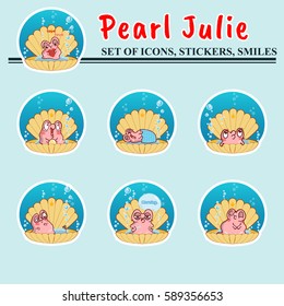 Vector set of icons, stickers, smiles. Kawaii pearl oyster with water bubbles and cute shell. Abstract cartoon design 