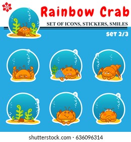 Vector set of icons, stickers, smiles. Kawaii crabs with water bubbles and different muzzles. Abstract cartoon design Set 2 from 3
