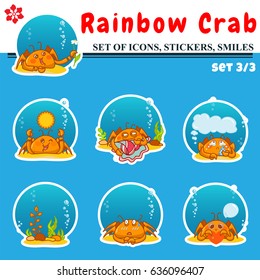 Vector set of icons, stickers, smiles. Kawaii crabs with water bubbles and different muzzles. Abstract cartoon design Set 3 from 3