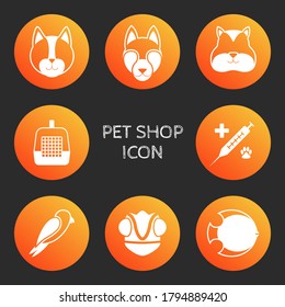 Vector set of icons. Subjects online pet store. Illustrations of silhouettes of a cat, dog, hamster, chameleon, fish, accessories, veterinary medicine in bright orange circles.