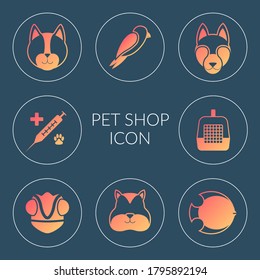 Vector set of icons. Subjects online pet store. Illustrations of silhouettes of a cat, dog, hamster, chameleon, fish, accessories, veterinary medicine in bright orange circles.