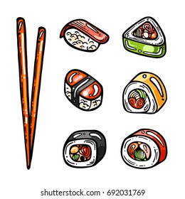 Vector set of  icons sushi and rolls. Set of colorful japanese meals. Philadelphia, California, Dragon rolls. Cartoon style illustration.