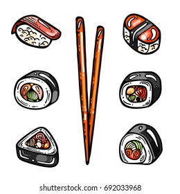 Vector set of icons sushi and rolls. Set of colorful japanese meals. Philadelphia, California, Dragon rolls. Cartoon style illustration.