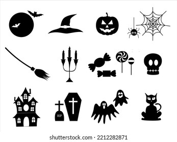 Vector set of icons symbols and halloween elements characters in black and white