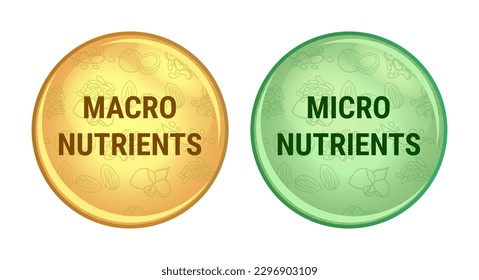 Vector set of icons or symbols of micro nutrients or micronutrients and macro nutrients or macronutrients isolated on white background. Vitamins and minerals, carbs, carbohydrates, proteins, and fats.