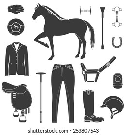 Vector set of icons and symbols for sports games polo. Silhouettes of horses and equipment player - stock vector.