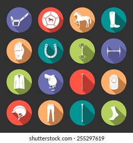 Vector set of icons and symbols for sports games polo. Icons of horses and equipment player - stock vector.