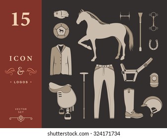 Vector set of icons and symbols for sports games polo. Silhouettes of horses and equipment player - stock vector.