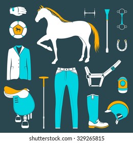 Vector set of icons and symbols for sports games polo. Silhouettes of horses and equipment player - stock vector.