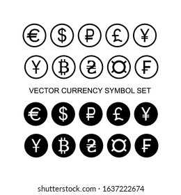 Vector set of icons, symbols of world currencies in black and white, in a flat simple style on a white background. Dollar, bitcoin, ruble, yen, hryvnia, euro, franc, pound, yuan