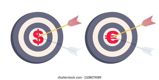 Vector set icons of target with arrow and money. Vector illustration of target for business with dollar and euro signs.