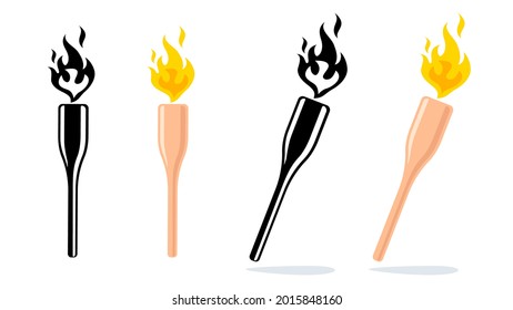 Vector set icons of torch with flame. Vector icon of torch with fire.