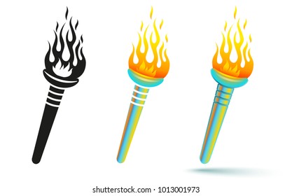 Vector set icons of torch. Holographic vector torch with fire.