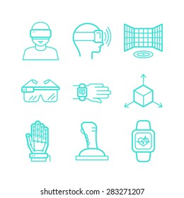 Vector set of icons in trendy linear style - virtual and augmented reality concepts - innovation technologies and apps for entertainment, gaming and study