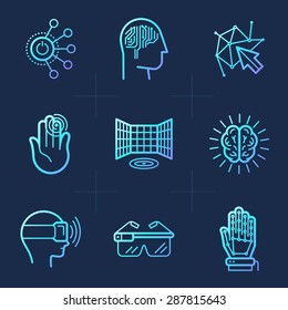 Vector set of icons in trendy linear style - virtual and augmented reality concepts - innovation technologies and apps for entertainment, gaming and study