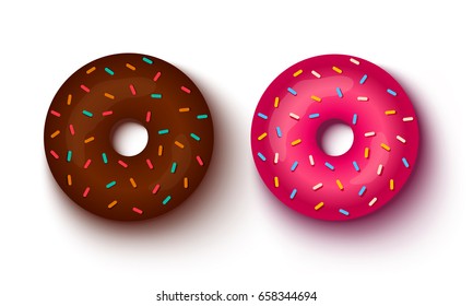 Vector set icons of two donuts. Pink and chocolate donuts.