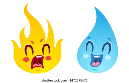Vector set icons two elements fire and water. Nature elements in emoji style. Fire and water. Kawaii emoji.