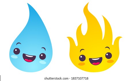 Vector set icons two elements fire and water. Nature elements in emoji style. Fire and water. 