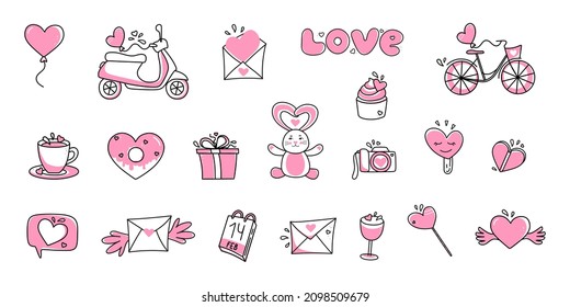 Juego de vectores de íconos para San Valentín. Símbolos de amor dibujados a mano en un estilo lineal. Aislado sobre un blanco