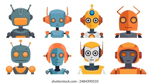 Vektorgrafik von Icons verschiedener Roboter. Kollektion einer flächigen Darstellung von Cyborg-Avataren isoliert vom Hintergrund. Automatspielzeug