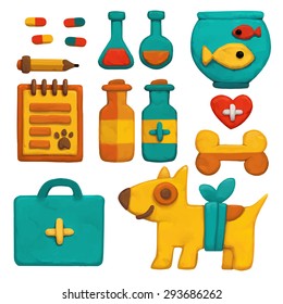 Vector set of icons of the veterinary clinic in plasticine style. Concept icons for vet clinics. Plasticine icon icons in cartoon style.
